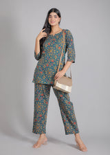 Flowers on Dark Blue Cotton Lounge Set for Women
