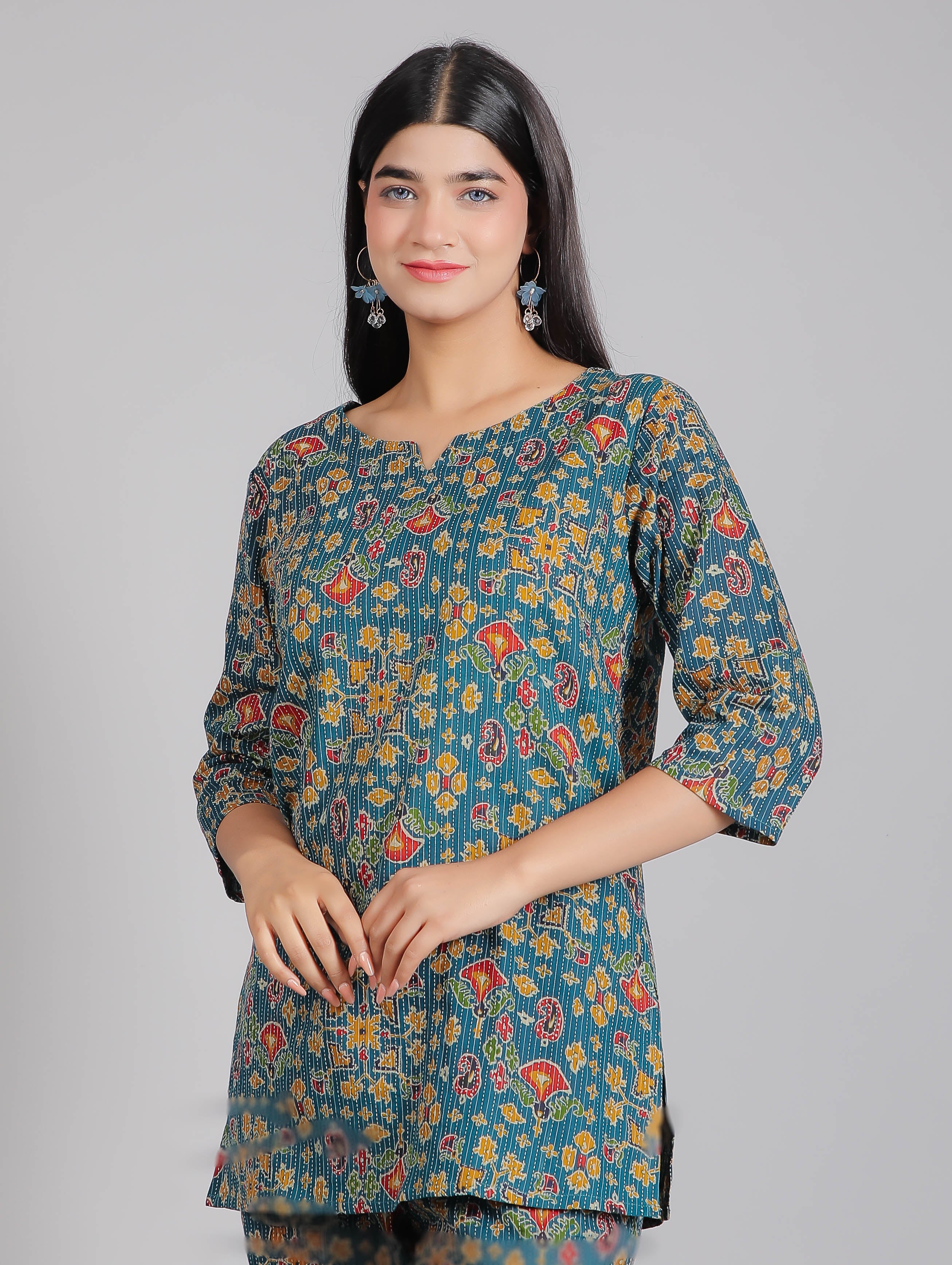 Flowers on Dark Blue Cotton Lounge Set for Women
