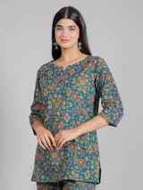 Flowers on Dark Blue Cotton Lounge Set for Women