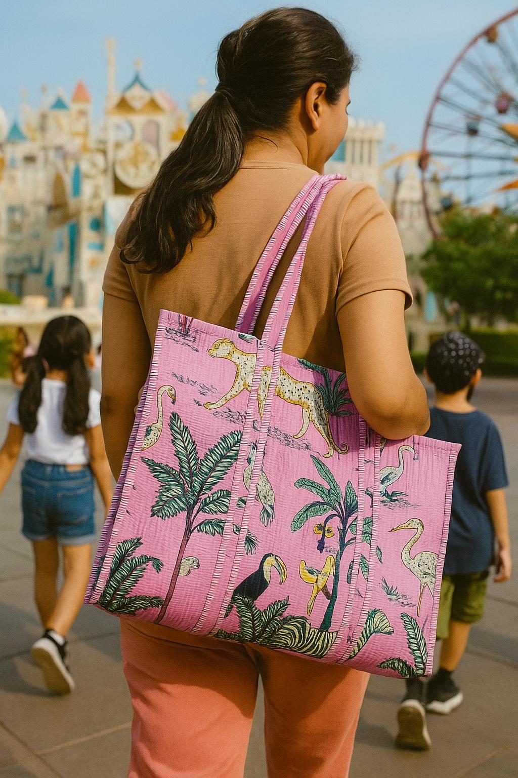 Handblock Printed Quilted Tote Bag without zip/button 17x18x 6 inches