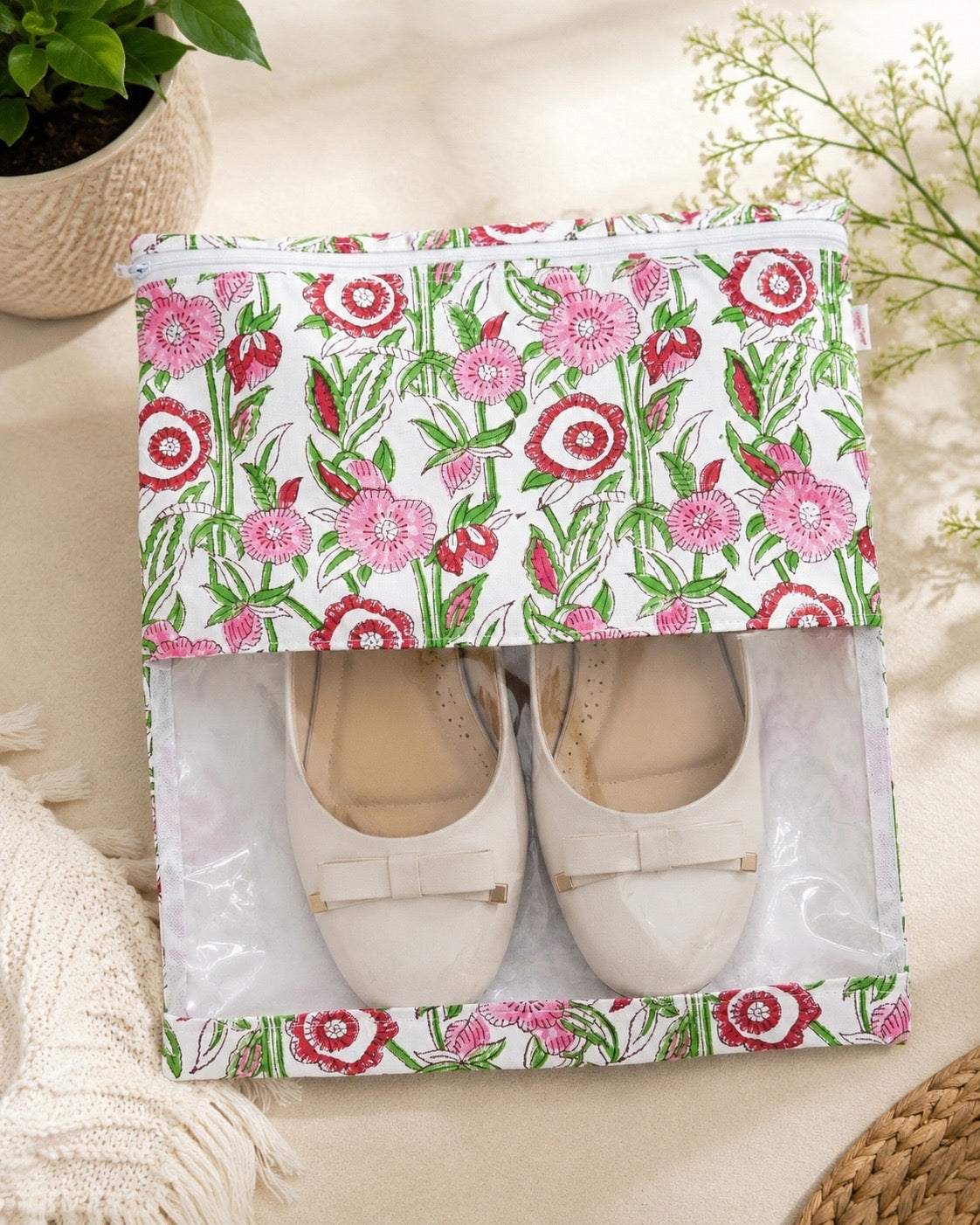 Handblock Printed Cotton Multi-Purpose Storage Pouch with Clear Window- Shoe & Clothing Organizer Bag- Set of 3/6