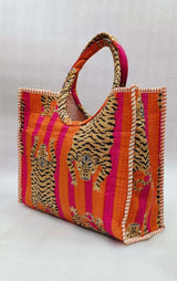 Handblock Printed Cotton Tote Bag with Unique Moon-Shaped Handle- 14x14x6 inches