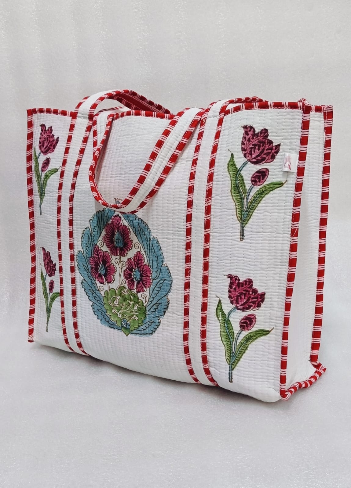 Classic White Block Printed Quilted Tote Bag without zip/button 17x18x 6 inches