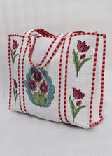 Classic White Block Printed Quilted Tote Bag without zip/button 17x18x 6 inches