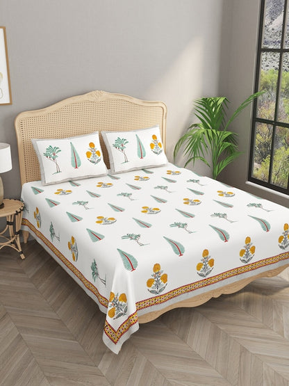 Handblock Printed Super King Size Bedsheet with 2 Pillow Covers