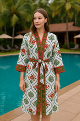 Waffle Cotton Handblock Printed Unisex Bathrobe - Free Size