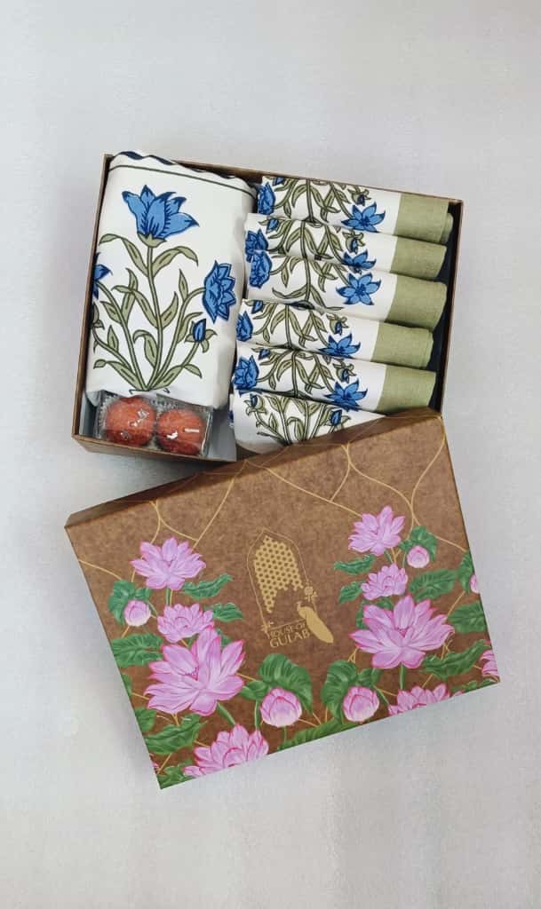 Diwali Gift Box with Handblock Printed Canvas Cotton Table Runner & Set Of 6 Mats, 2 laddoo candles