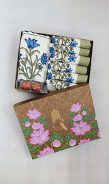 Diwali Gift Box with Handblock Printed Canvas Cotton Table Runner & Set Of 6 Mats, 2 laddoo candles