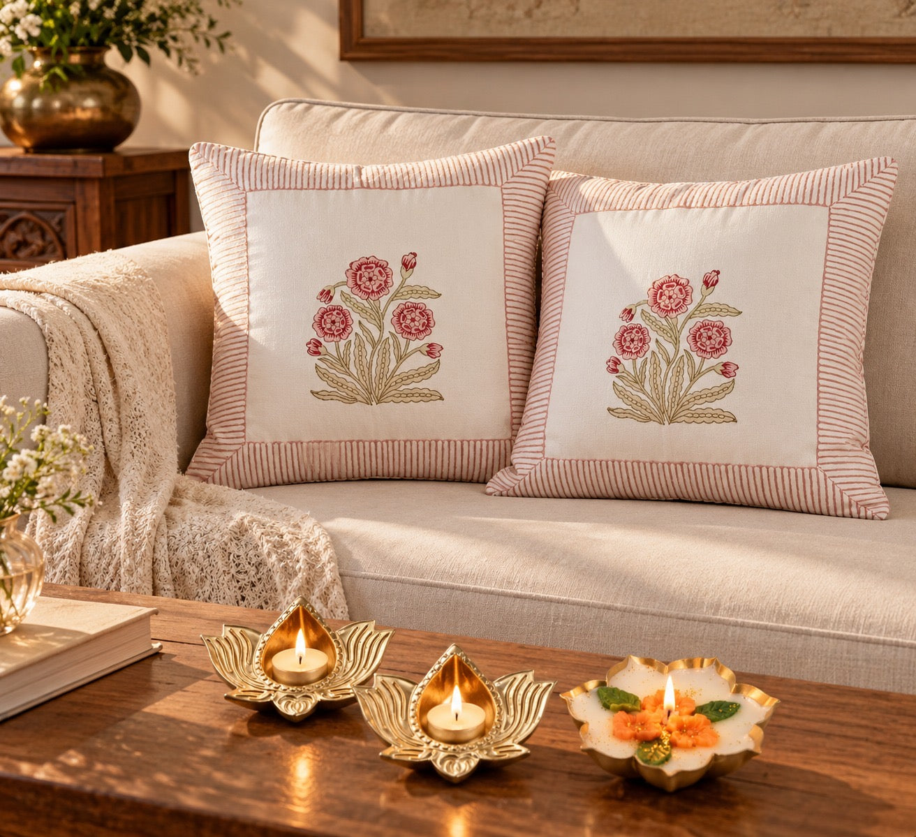 Diwali Home Décor Gift Box with 2 Cushion Covers, 1Handmade Floral Soy Wax Candle & 2 Metal Diyas