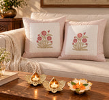 Diwali Home Décor Gift Box with 2 Cushion Covers, 1Handmade Floral Soy Wax Candle & 2 Metal Diyas