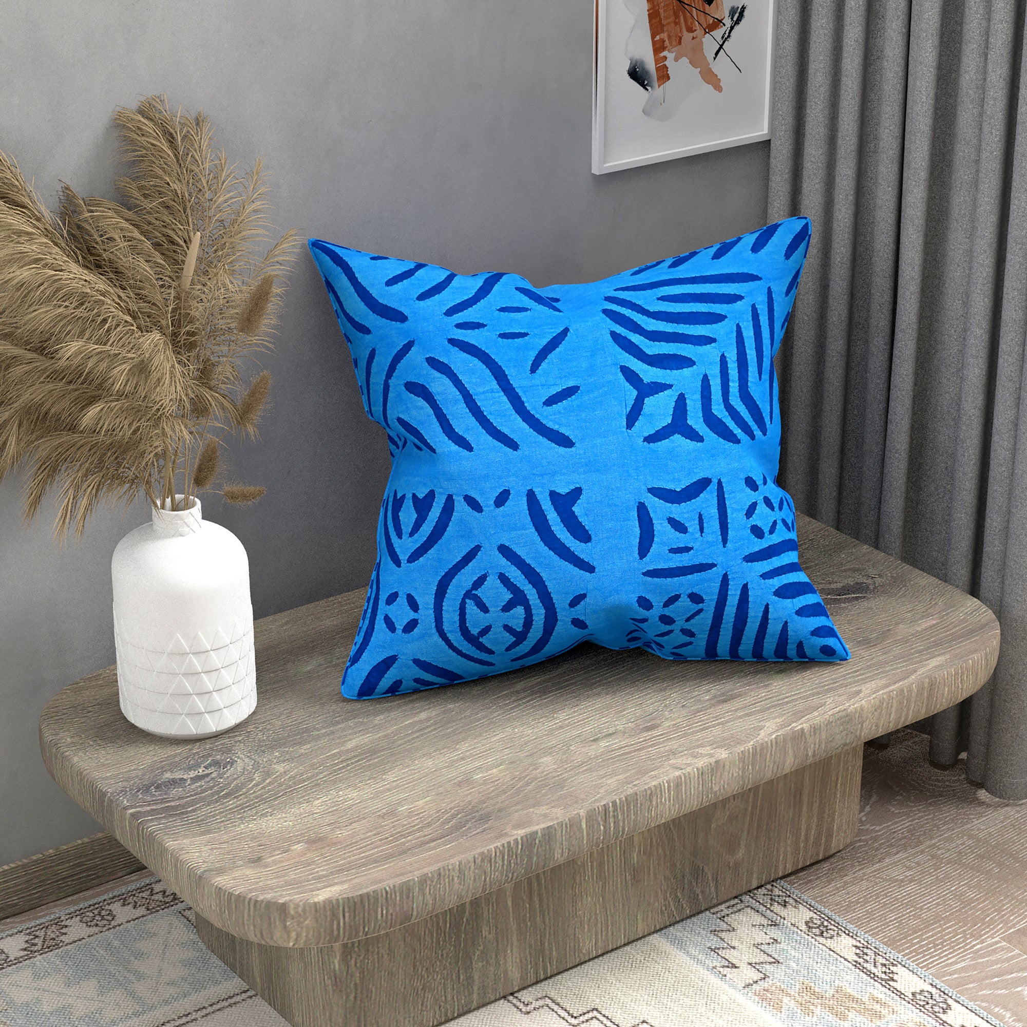 Handmade cotton applique work cushion cover - 16 X16 Inches
