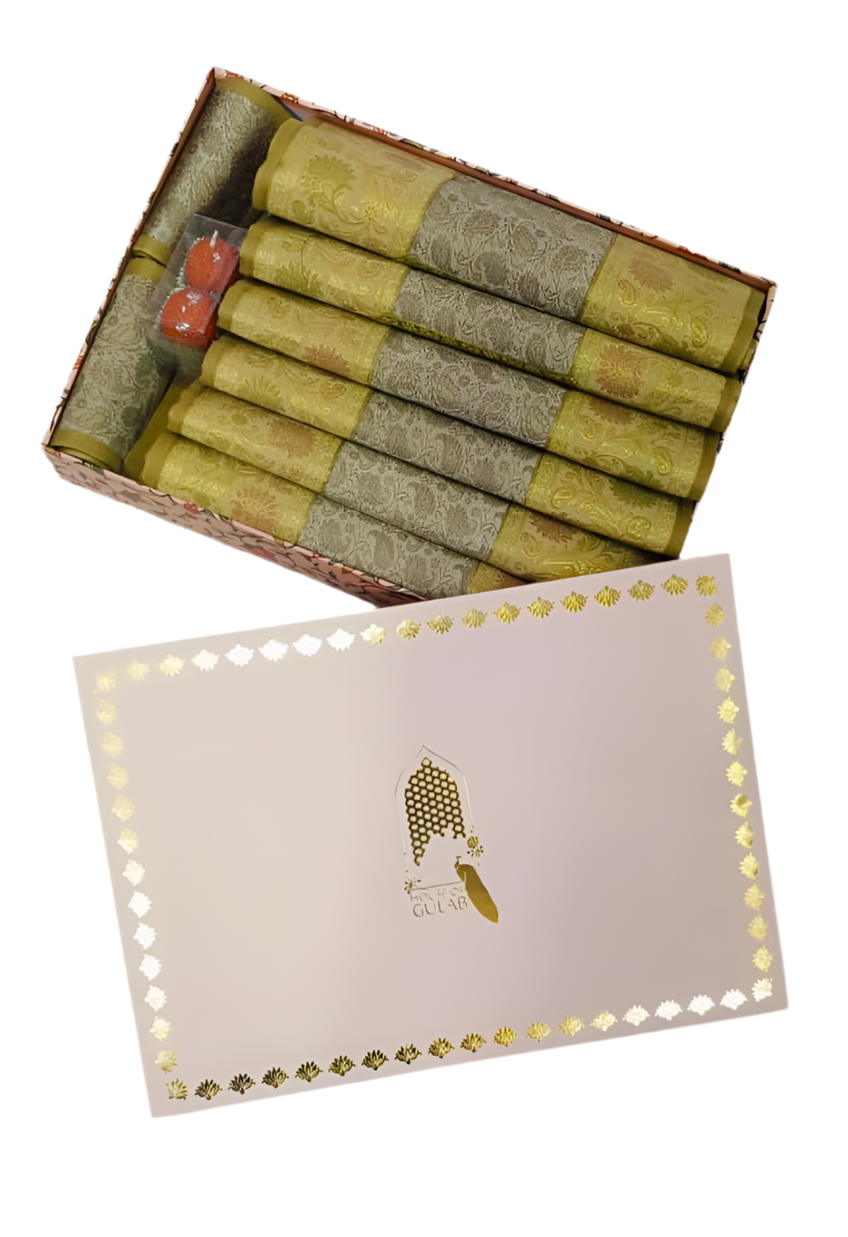 Diwali Gift Box with Banarasi Zari Table Runner, Set Of 6 Mats, 6 coaster & 2 laddoo candles