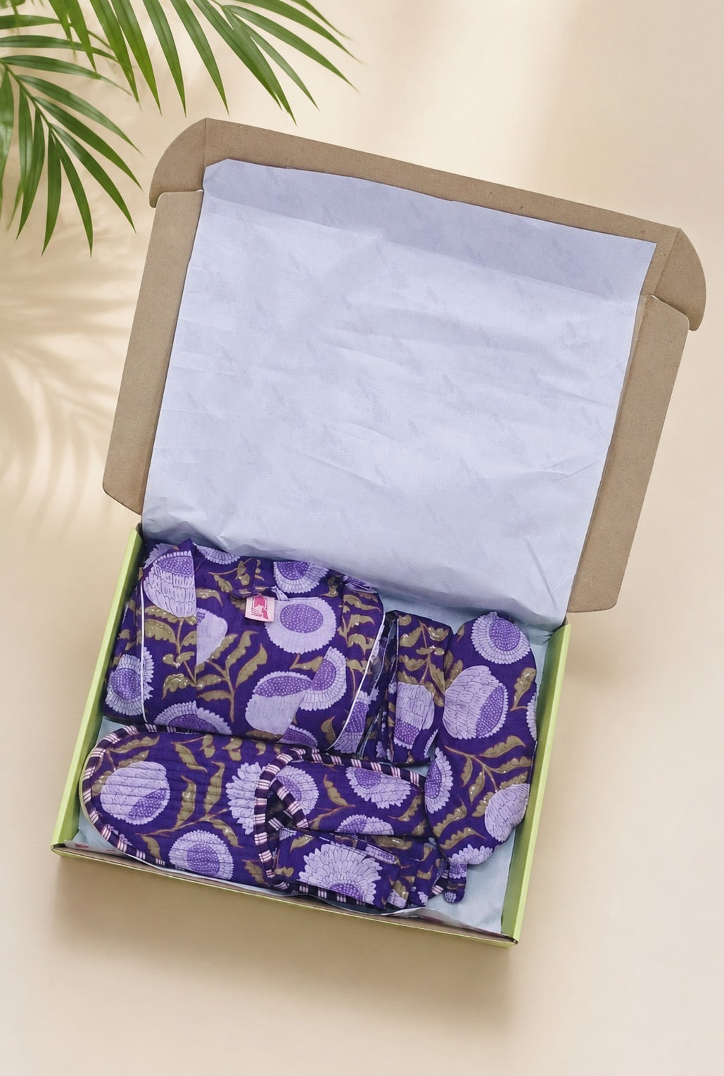Gift Box With Handblock Print Cotton Robe Gift Set with Sleep Mask, Slippers & Headband