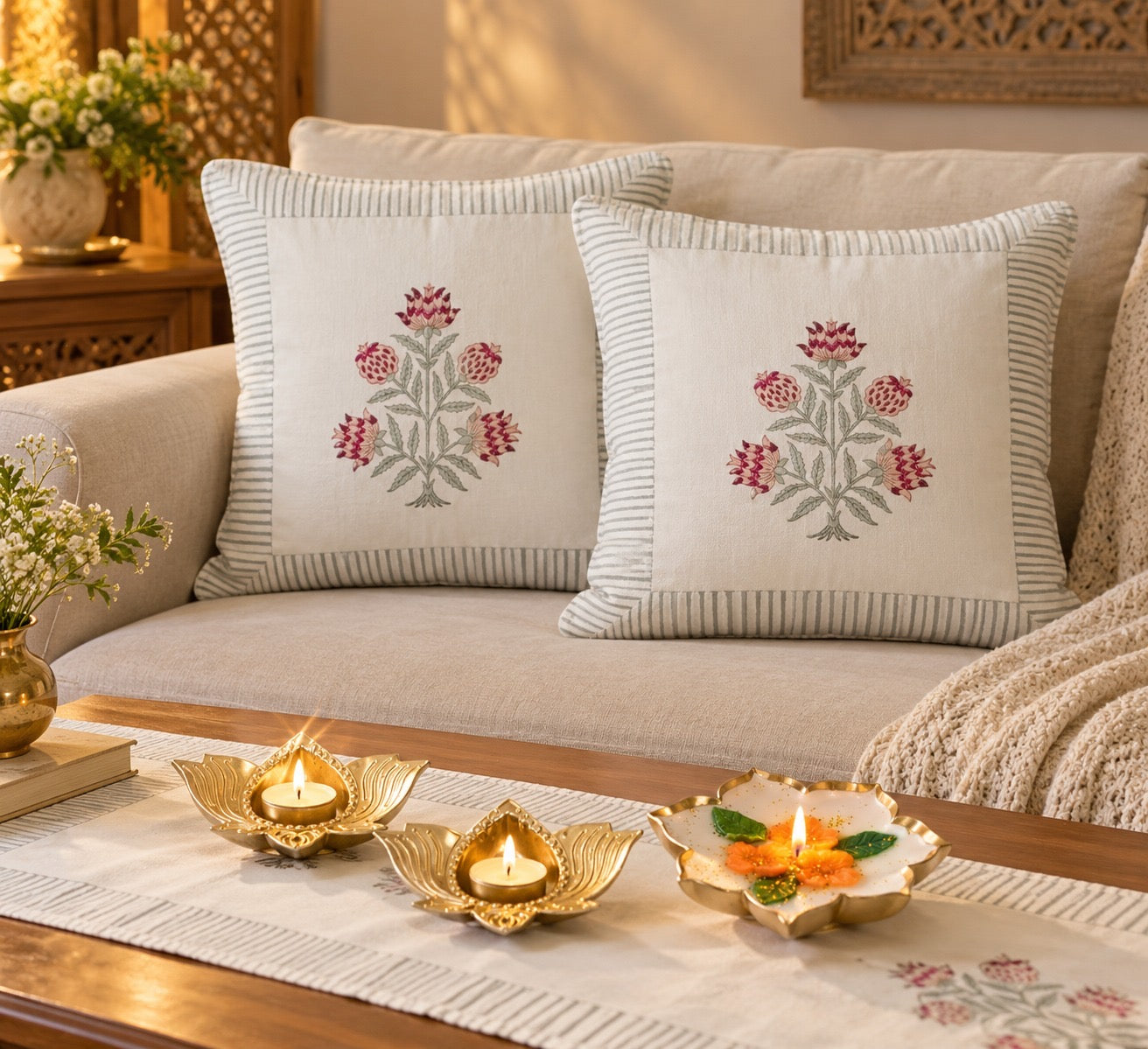 Diwali Home Décor Gift Box with 2 Cushion Covers, 1Handmade Floral Soy Wax Candle & 2 Metal Diyas