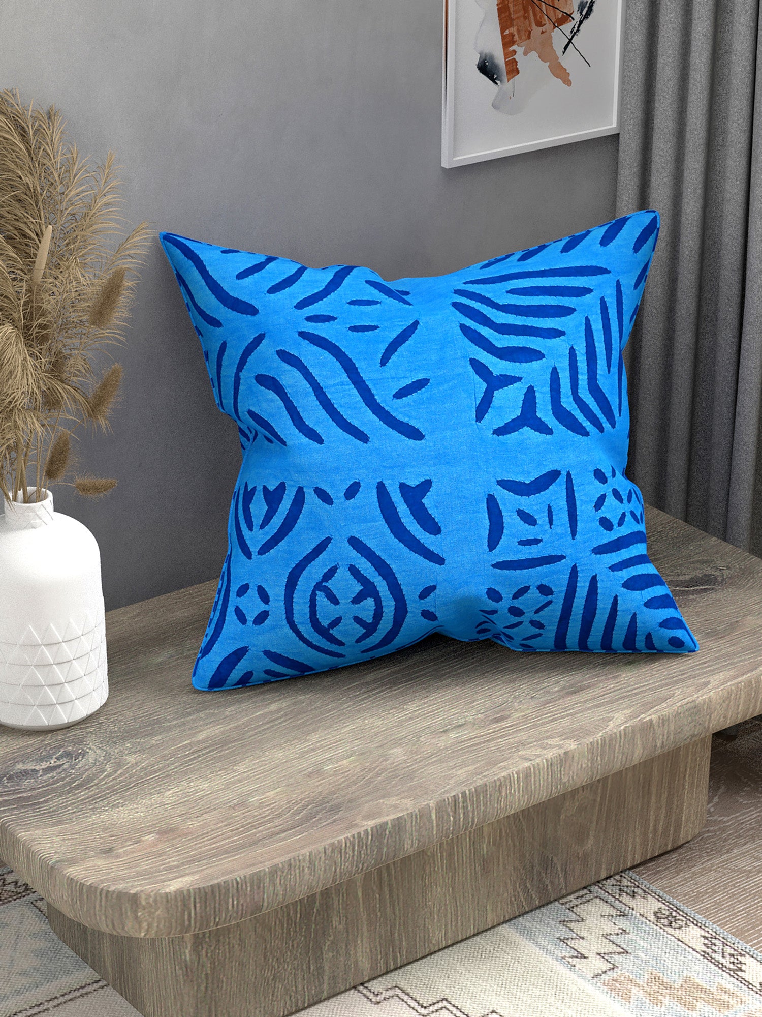 Handmade cotton applique work cushion cover - 16 X16 Inches