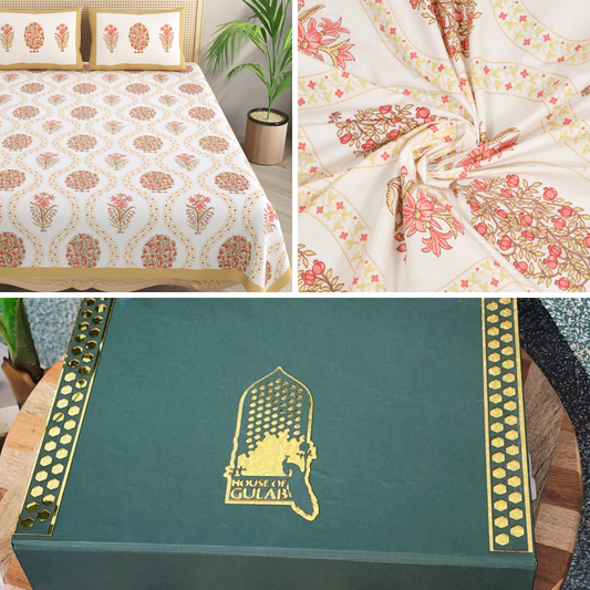 Gift Box with Percale Cotton Double King Floral Print Bedsheet with 2 Pillow Covers