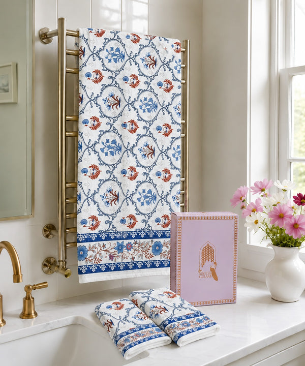 Diwali Gift Box - Handblock Printed Towels - 1 Bath + 2 Hand Towels