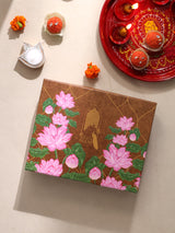 Diwali Gift Box with Handblock Printed Canvas Cotton Table Runner & Set Of 6 Mats, 2 laddoo candles