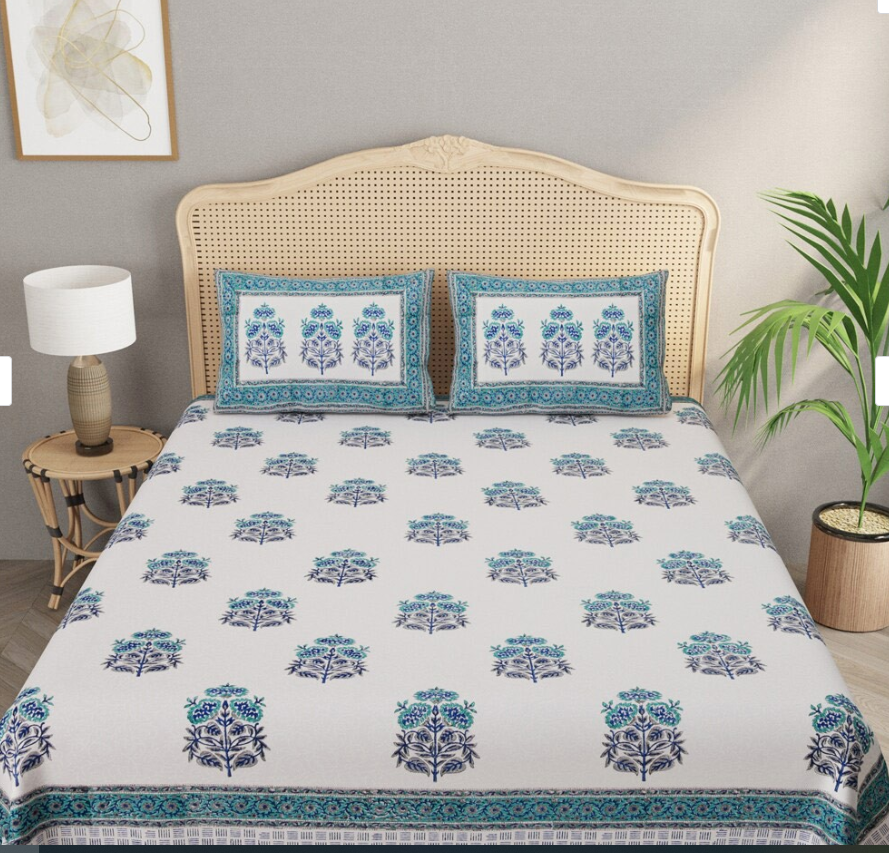 Floral Print Cotton Double King Bedsheet with 2 Pillow Covers