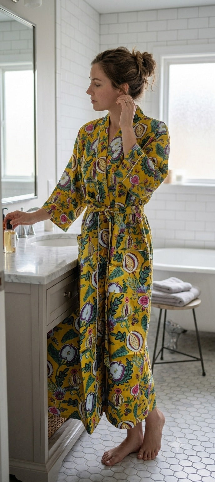 Cotton Kimono Handblock Printed Unisex Bathrobe - Free Size