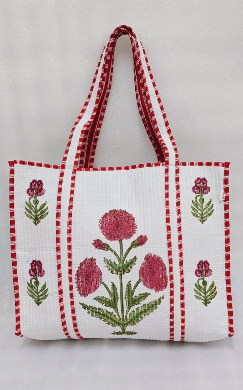 Classic White Block Printed Quilted Tote Bag without zip/button 17x18x 6 inches