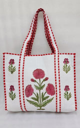 Classic White Block Printed Quilted Tote Bag without zip/button 17x18x 6 inches