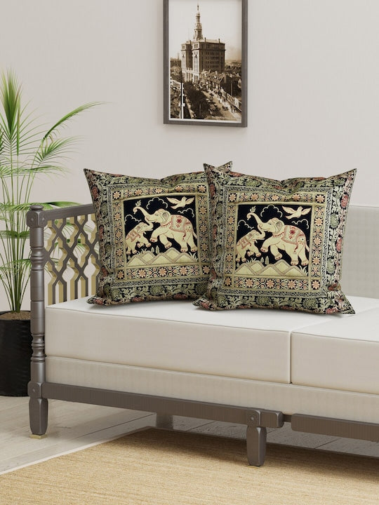 Set Of 2 Black & Green Cotton Silk Ethnic Motifs Square Cushion Covers