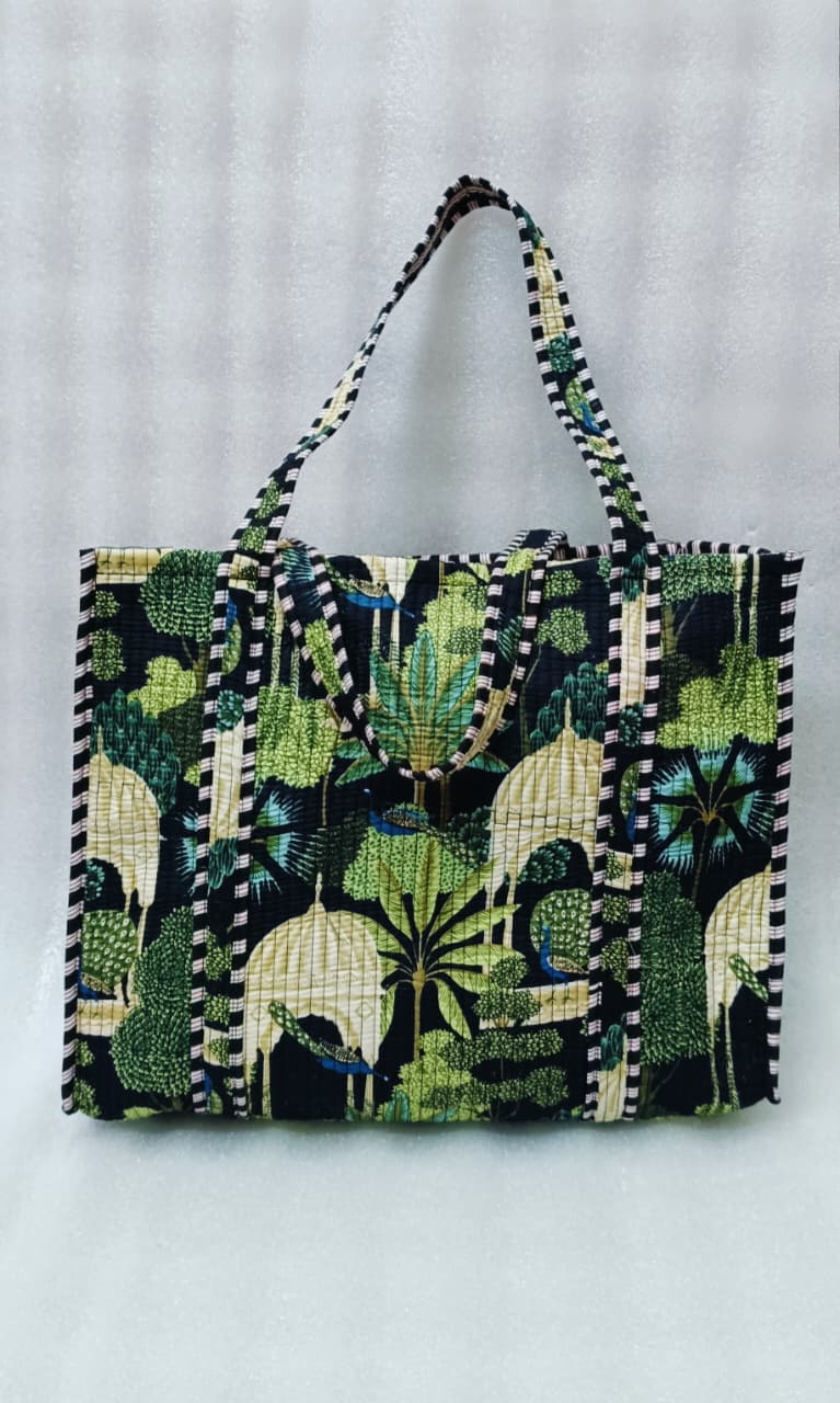 Handblock Printed Quilted Tote Bag without zip/button 17x18x 6 inches