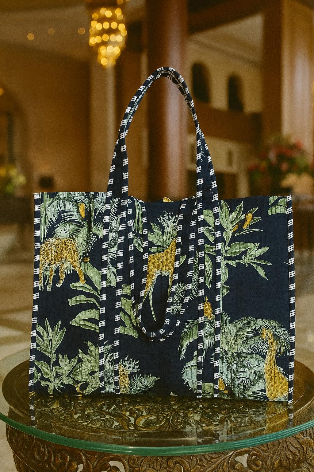Handblock Printed Quilted Tote Bag without zip/button 17x18x 6 inches