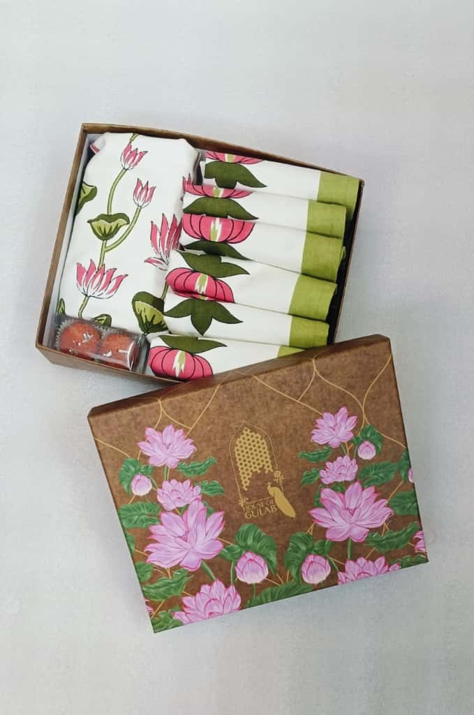 Diwali Gift Box with Handblock Printed Canvas Cotton Table Runner & Set Of 6 Mats, 2 laddoo candles