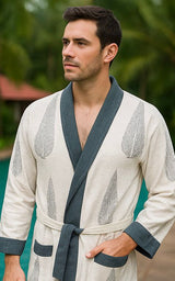 Waffle Cotton Handblock Printed Unisex Bathrobe - Free Size