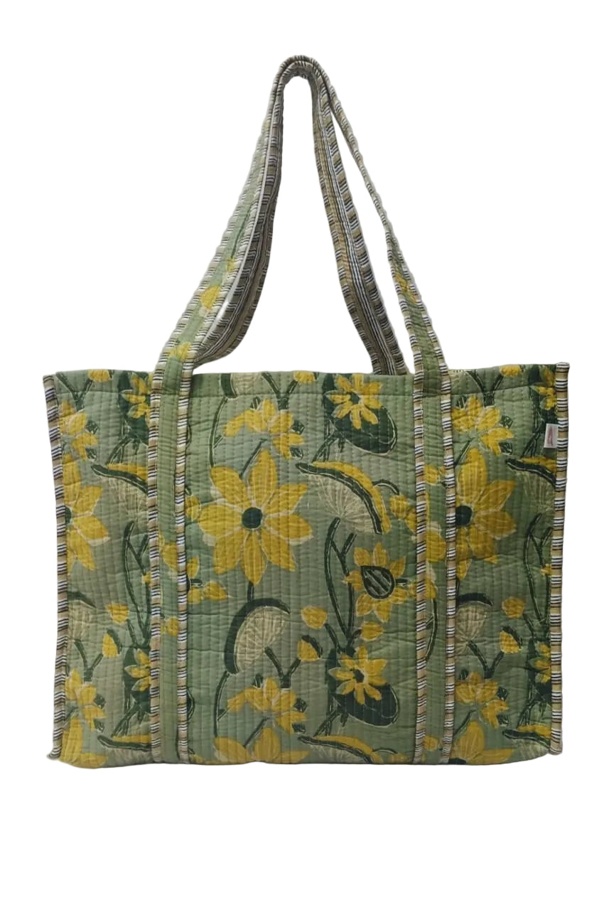 Handblock Printed Quilted Tote Bag without zip/button 17x18x 6 inches