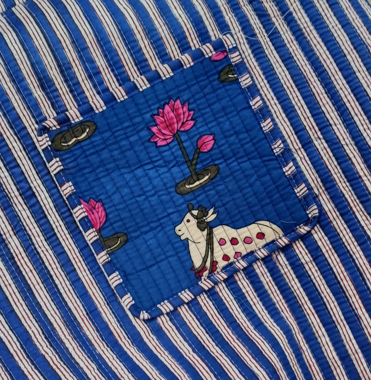 Handblock Printed Quilted Tote Bag with concealed zip ( 17x18x 6 inches)