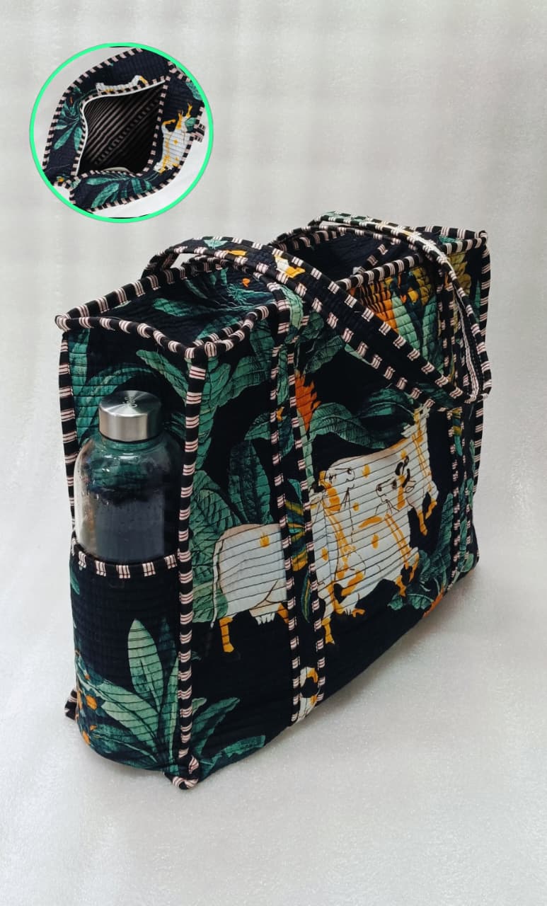 Handblock Printed Quilted Tote Bag with concealed zip ( 17x18x 6 inches)