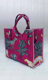 Handblock Printed Cotton Tote Bag with Unique Moon-Shaped Handle- 14x14x6 inches