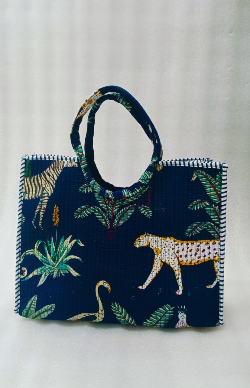 Handblock Printed Cotton Tote Bag with Unique Moon-Shaped Handle- 14x14x6 inches