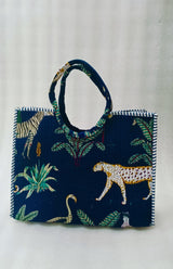 Handblock Printed Cotton Tote Bag with Unique Moon-Shaped Handle- 14x14x6 inches