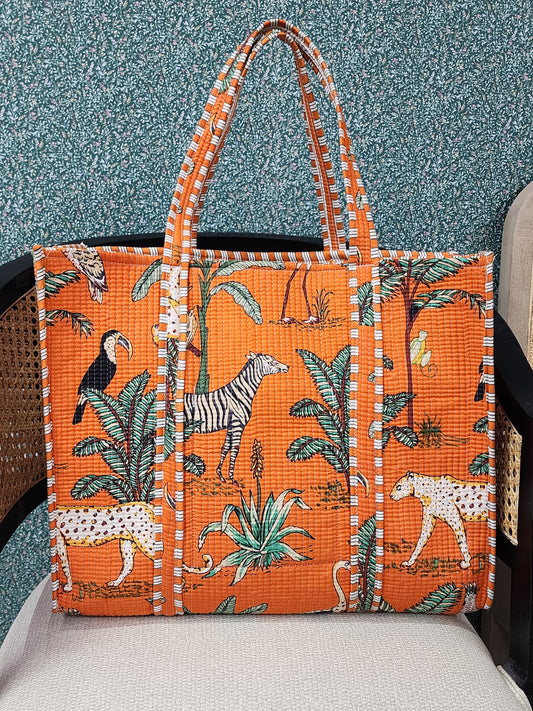 Handblock Printed Quilted Tote Bag without zip/button 17x18x 6 inches