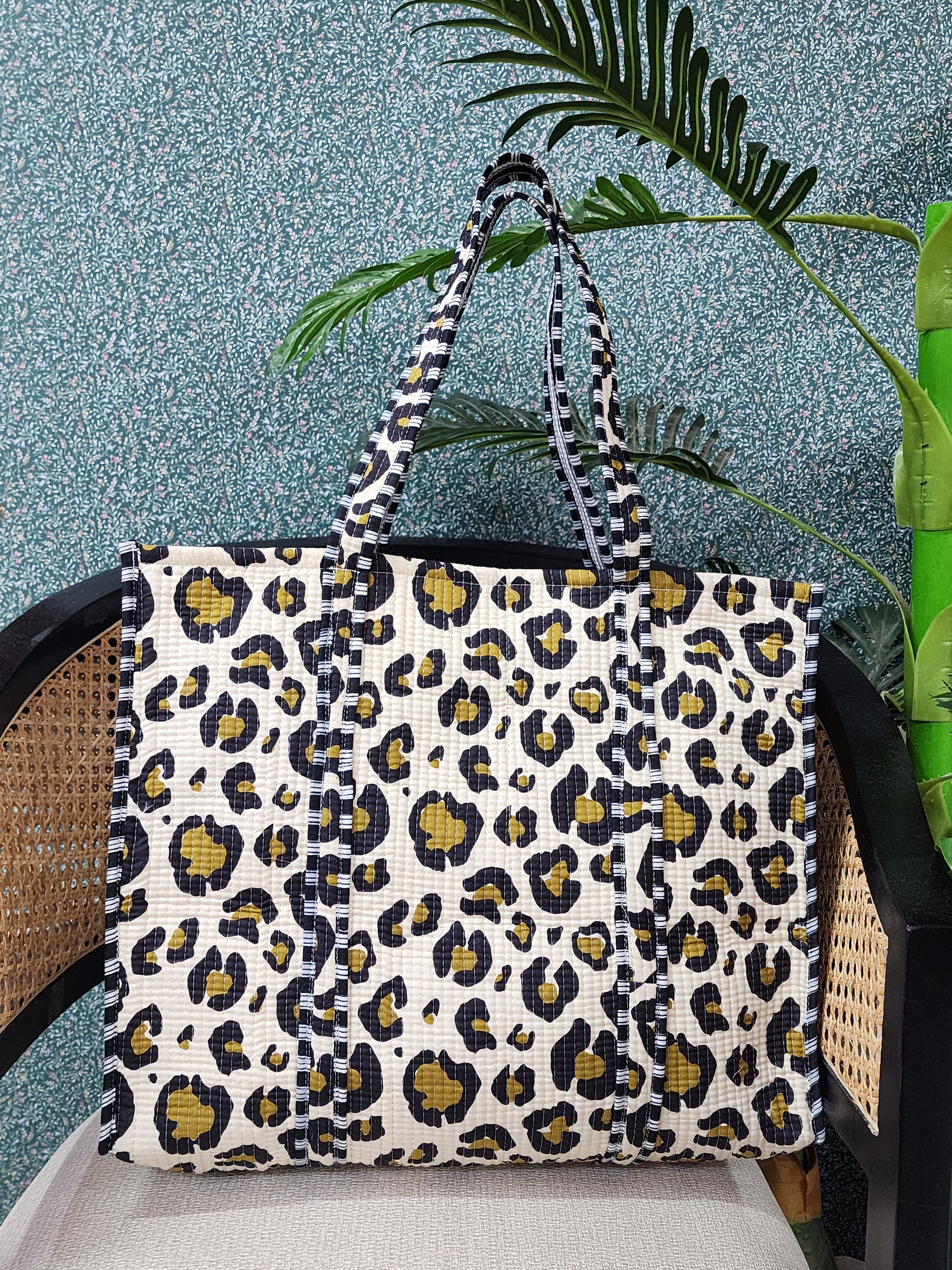 Handblock Printed Quilted Tote Bag without zip/button 17x18x 6 inches