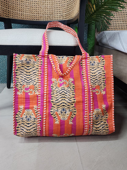 Handblock Printed Quilted Tote Bag without zip/button 17x18x 6 inches