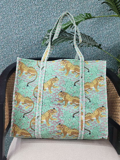 Handblock Printed Quilted Tote Bag without zip/button 17x18x 6 inches