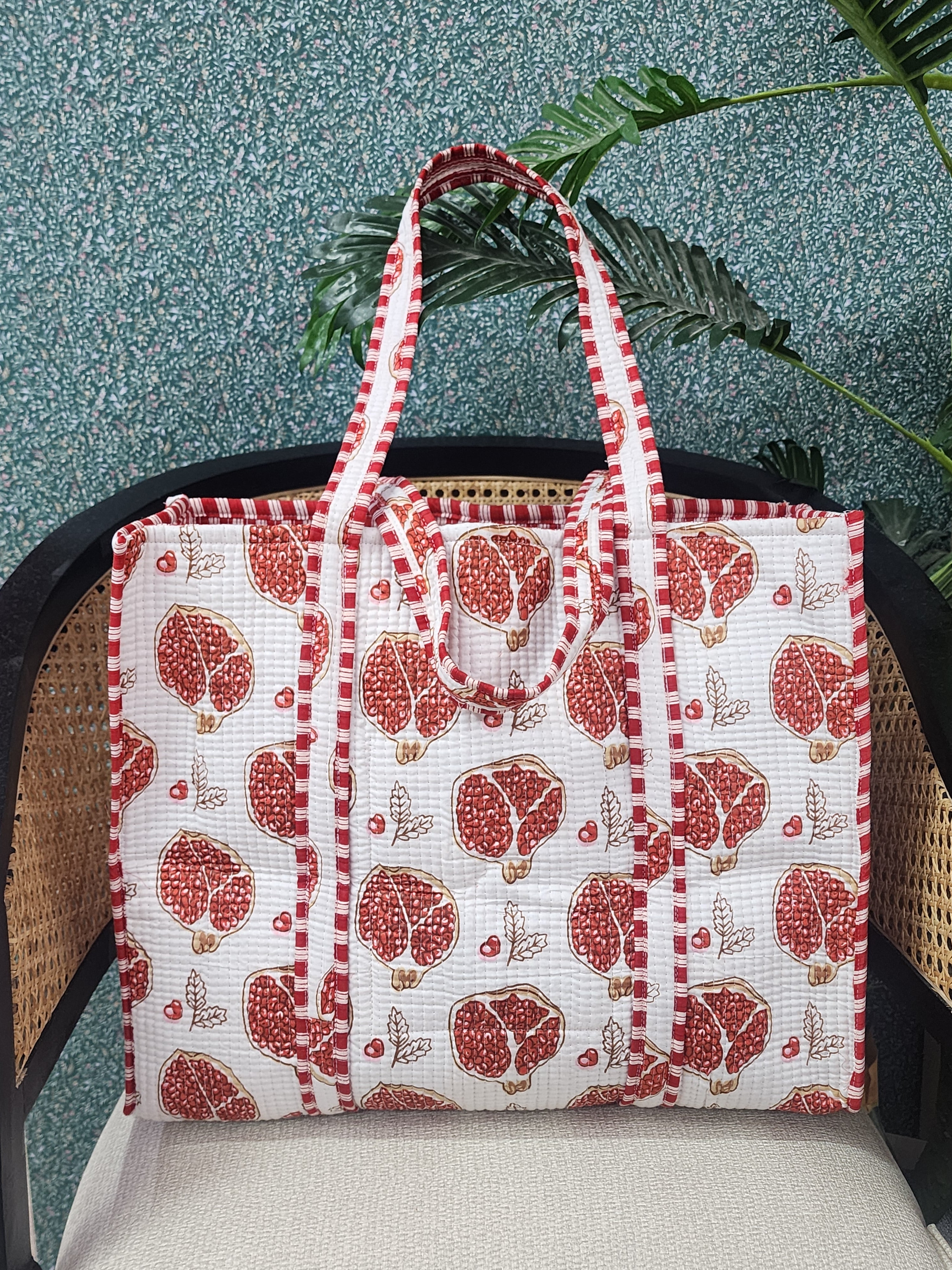 Handblock Printed Quilted Tote Bag without zip/button 17x18x 6 inches