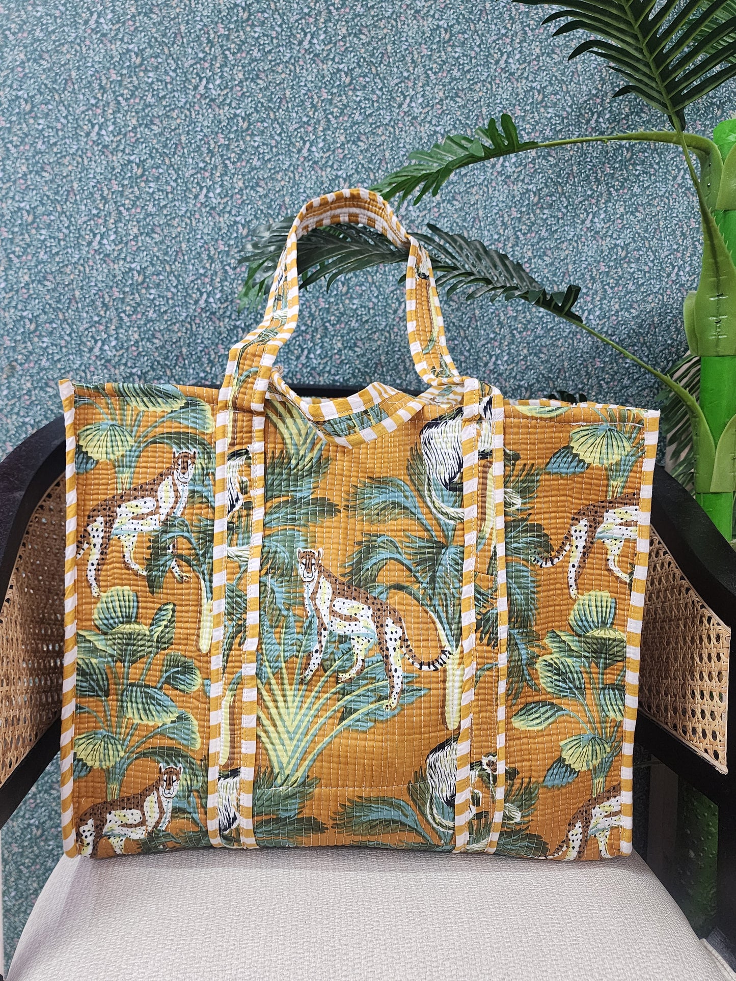 Handblock Printed Quilted Tote Bag without zip/button 17x18x 6 inches