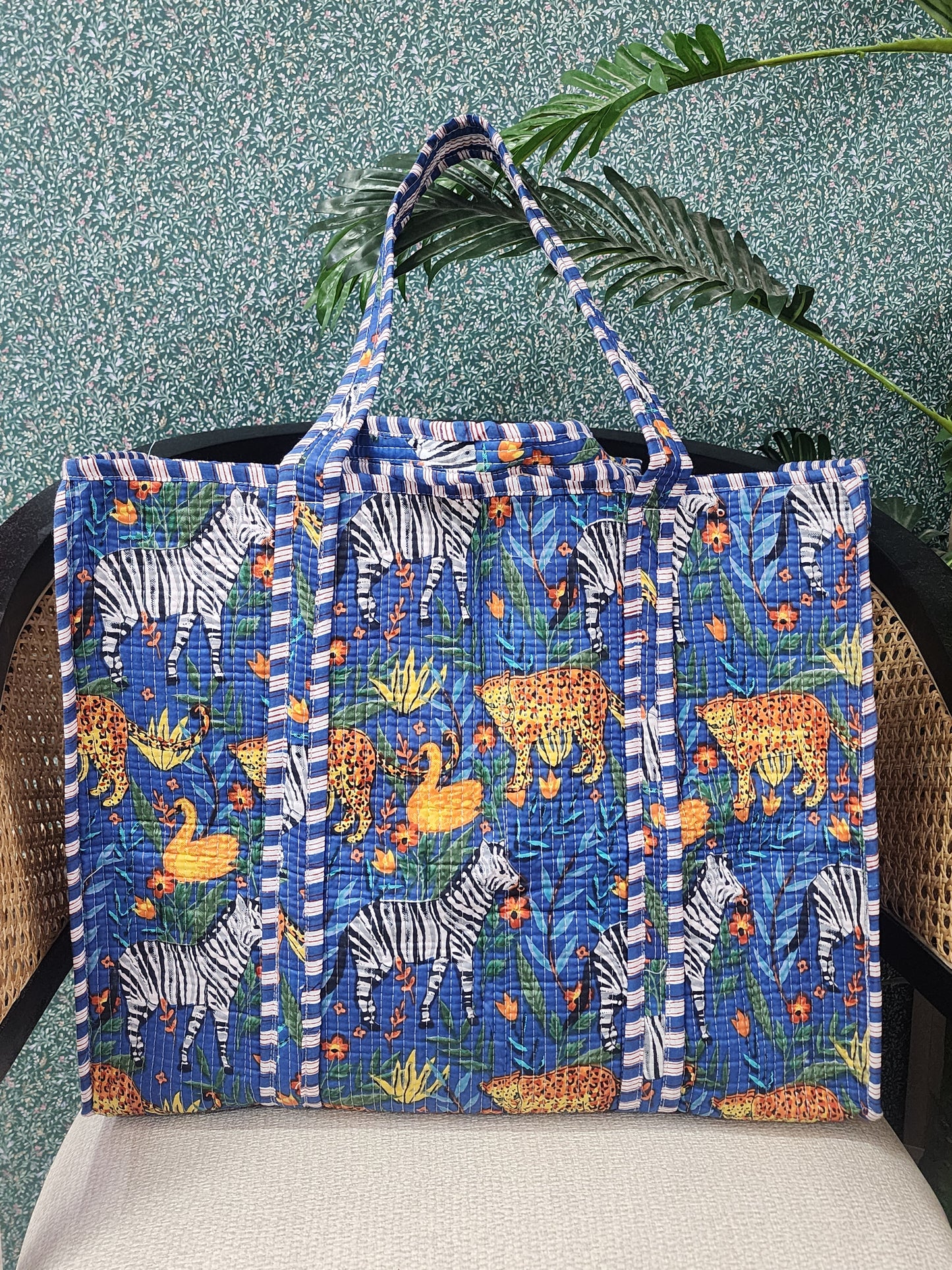 Handblock Printed Quilted Tote Bag without zip/button 17x18x 6 inches