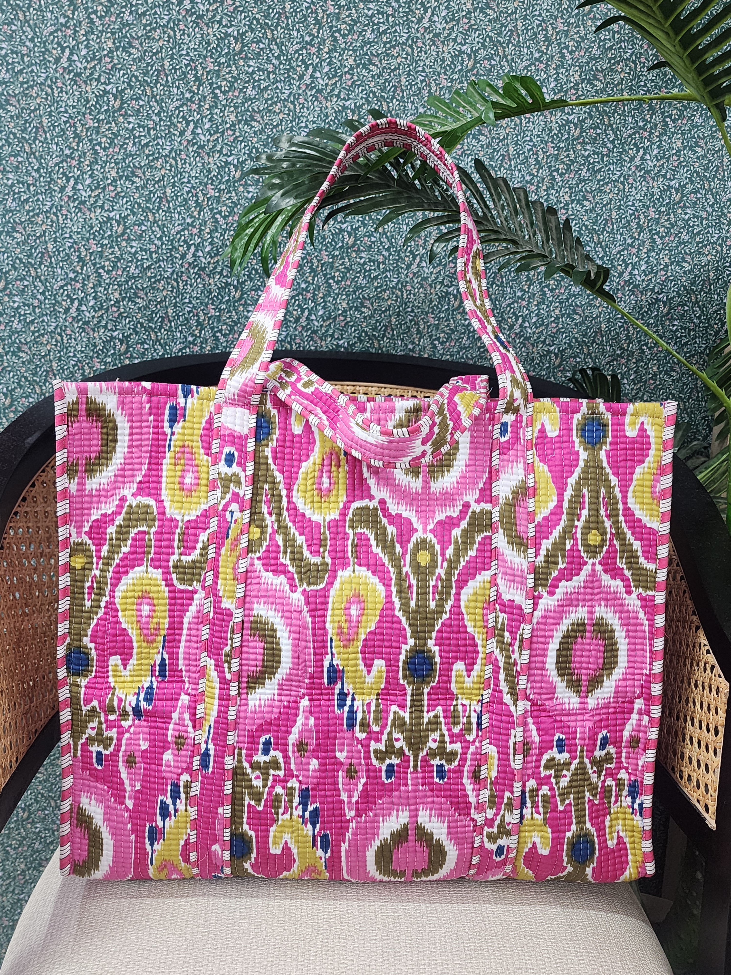 Handblock Printed Quilted Tote Bag without zip/button 17x18x 6 inches