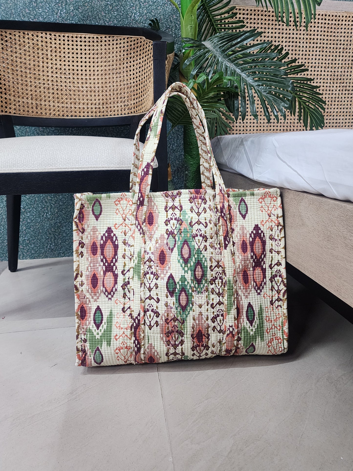 Handblock Printed Quilted Tote Bag without zip/button 17x18x 6 inches