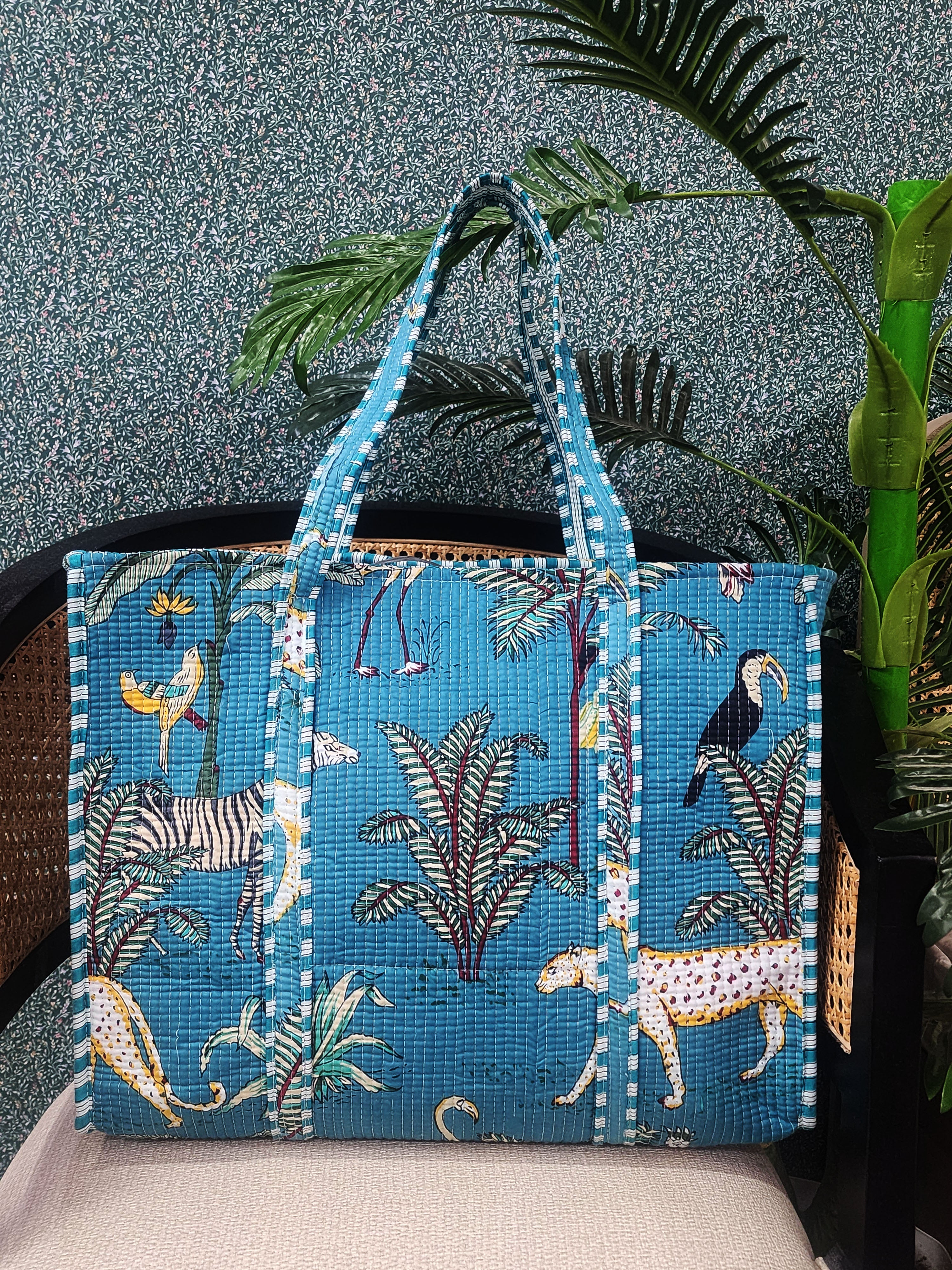 Handblock Printed Quilted Tote Bag without zip/button 17x18x 6 inches