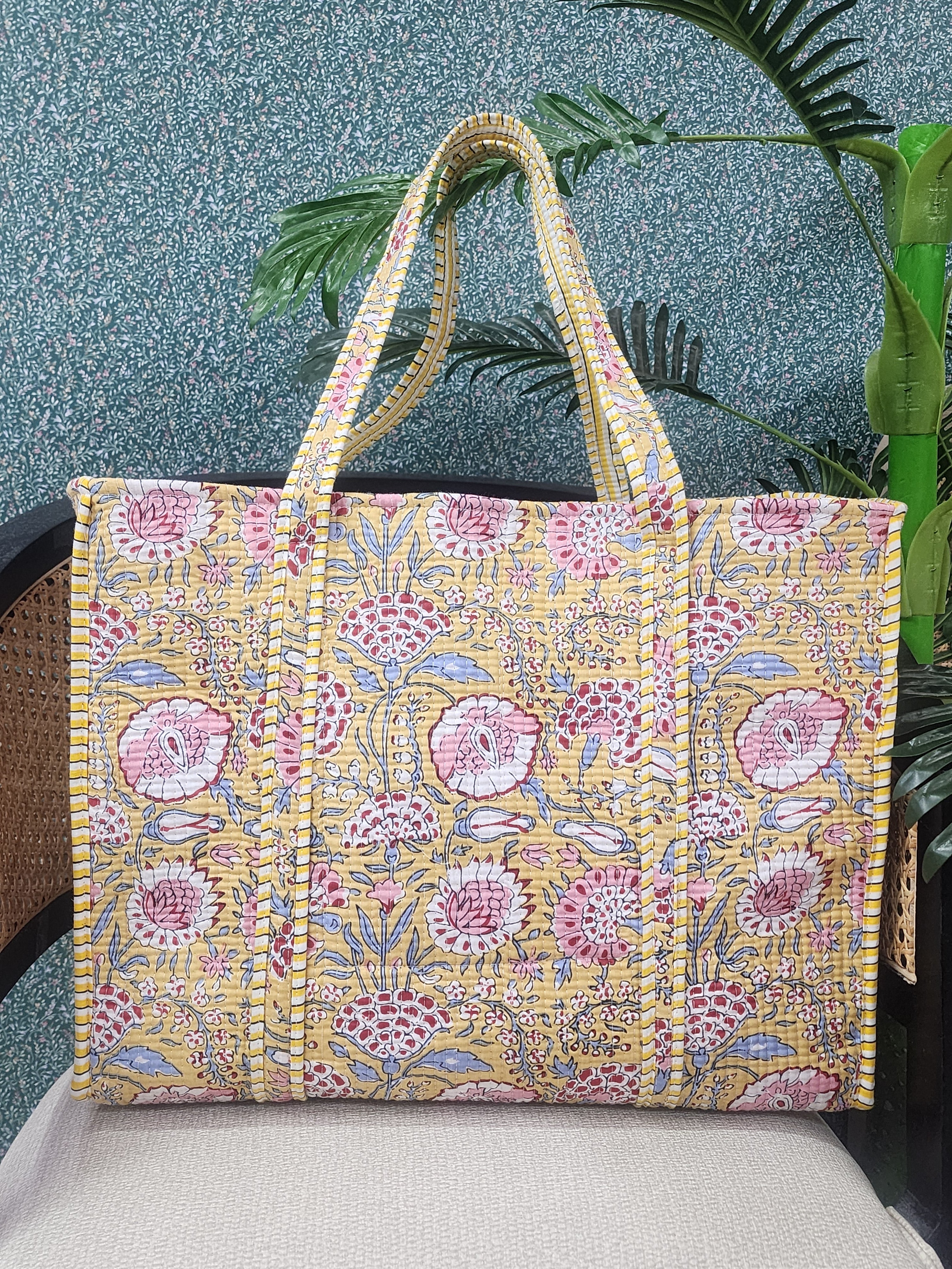 Handblock Printed Quilted Tote Bag without zip/button 17x18x 6 inches