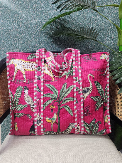 Handblock Printed Quilted Tote Bag without zip/button 17x18x 6 inches