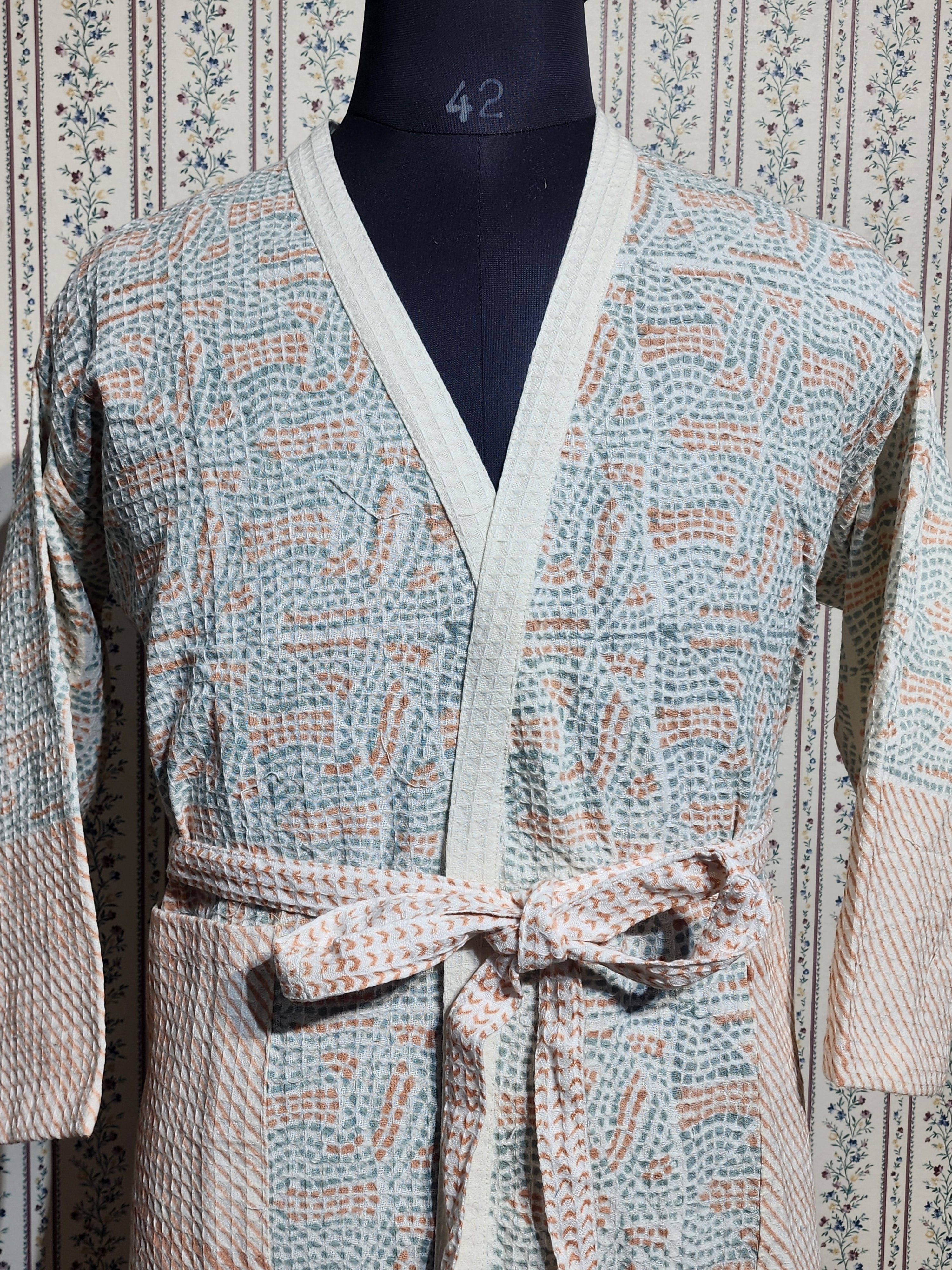 Waffle Cotton Handblock Printed Unisex Bathrobe - Free Size